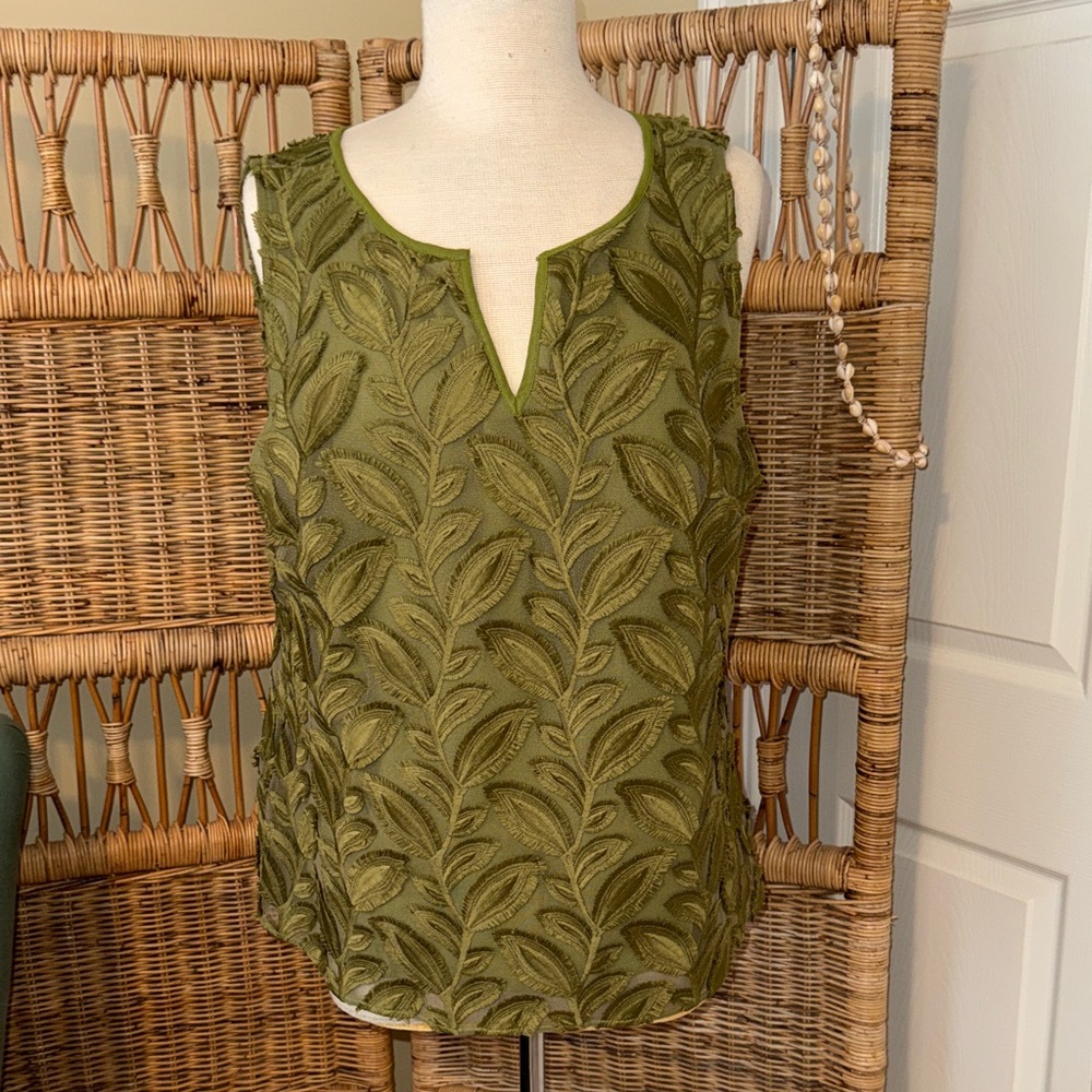 Ann Taylor Factory Green Leaf Embroidered Blouse